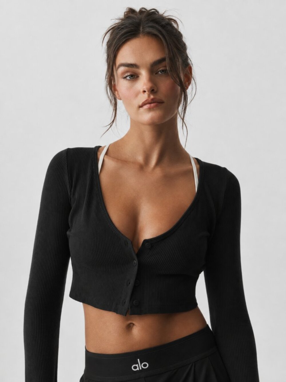 ALO Ribbed Cropped Whisper Cardigan in Black